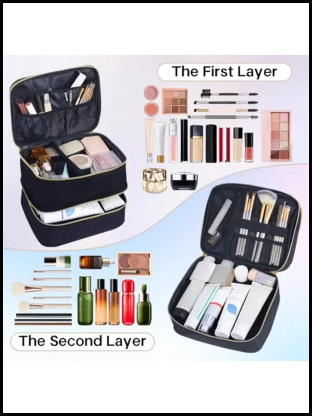 Double Layer Makeup Bag Large Cosmetic Case with Adjustable Dividers Travel